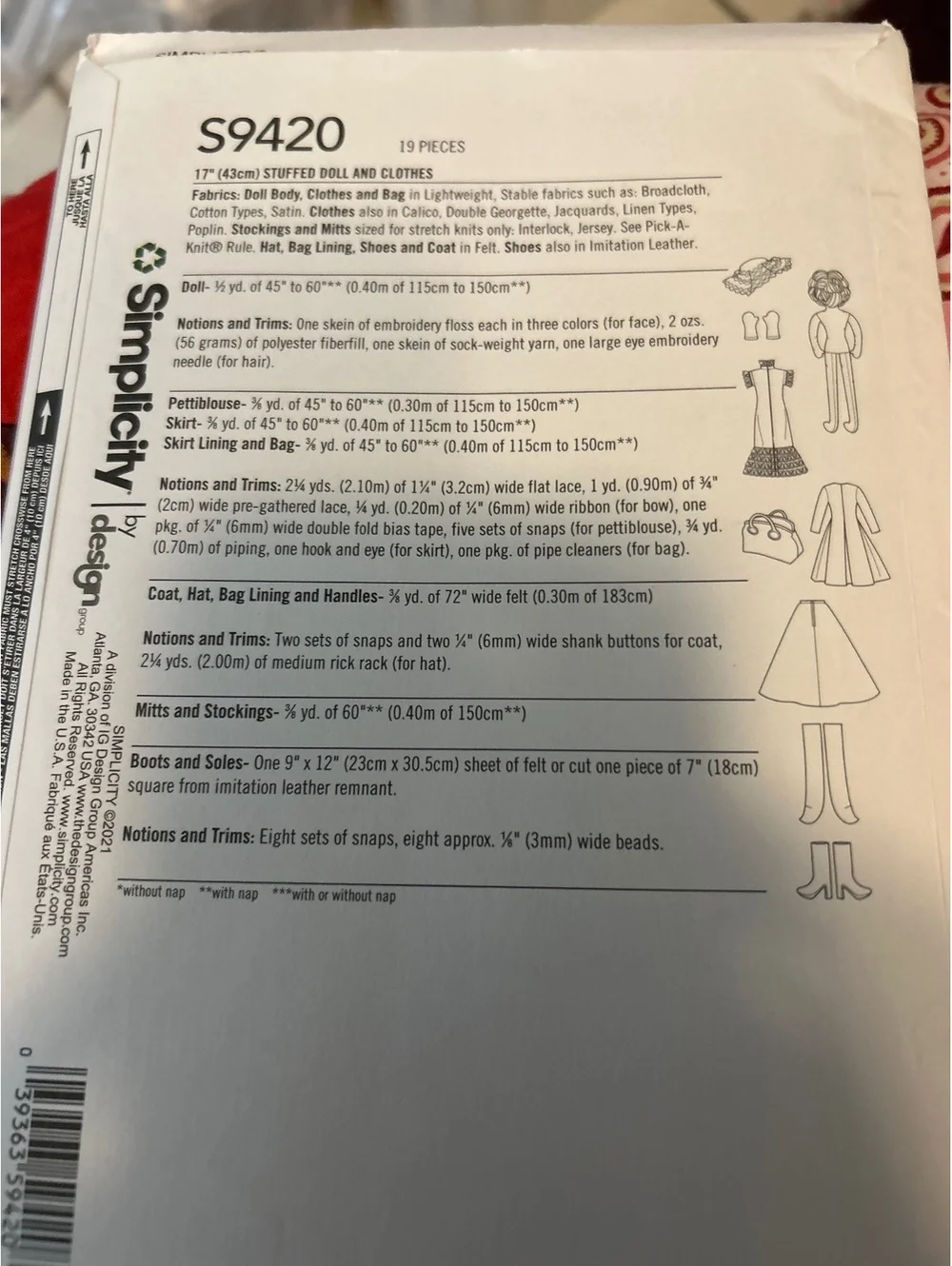 Simplicity S9420 Doll Clothes Sewing Pattern - Vintage Style Doll Outfit